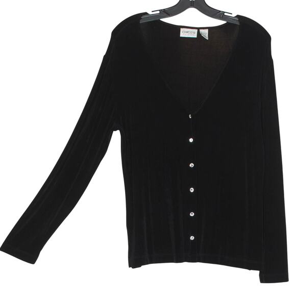 Chicos Travelers Cardigan Slinky Minimalist Academia Button Up Black 2 Large 12 - Picture 4 of 4